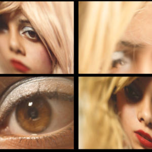a screen split 4 ways with a teenage girl in a blonde wig putting on make up shot at various angles