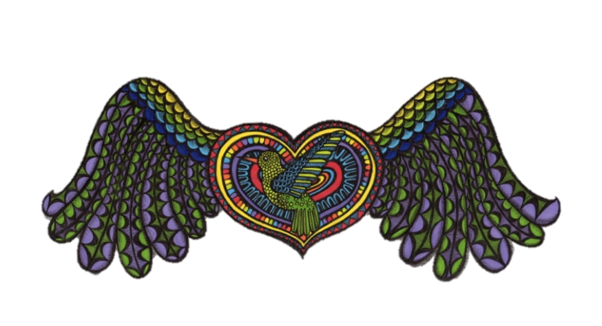 Colorful heart with a patterned hummingbird inside, flanked by vibrant, multicolored wings. The design conveys a sense of freedom and creativity.