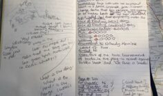 Open journal pages with handwritten notes and doodles. On the left, small buildings are sketched with annotations. On the right, book review notes, ratings, and a partially visible map on the side. The tone is informal and analytical.