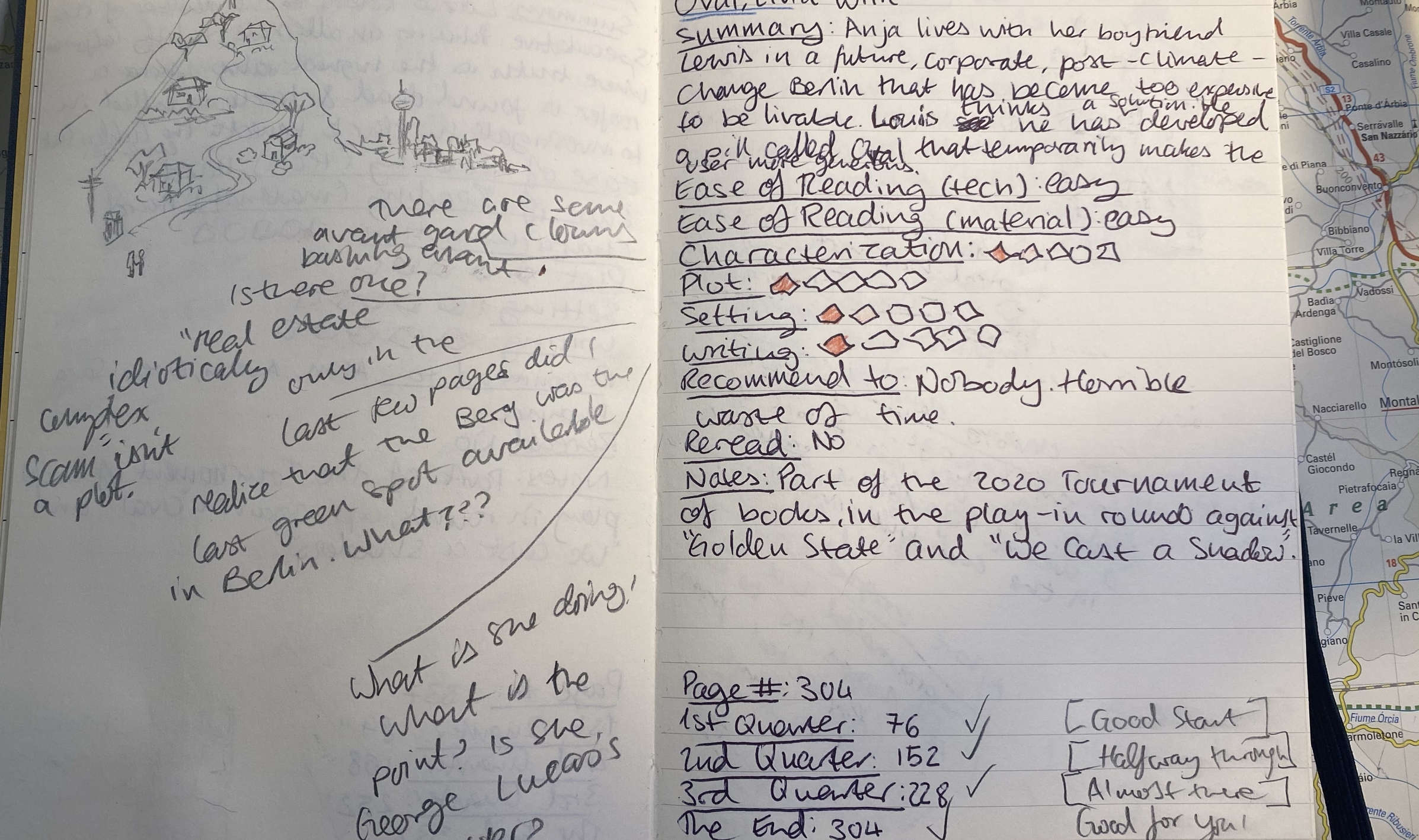 Open journal pages with handwritten notes and doodles. On the left, small buildings are sketched with annotations. On the right, book review notes, ratings, and a partially visible map on the side. The tone is informal and analytical.