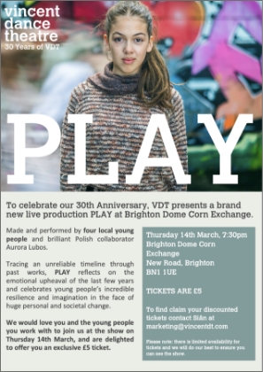 Young woman in a sweater looks confidently at the camera. Bold text reads "PLAY" for Vincent Dance Theatre's 30th-anniversary show at Brighton Dome.