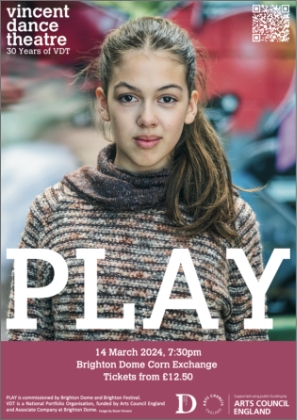 Young woman in a knit sweater stands confidently against a blurred colourful background. Text on image promotes "PLAY" at Brighton Dome, March 2024.