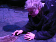 Person with short hair, wearing a dark coat, is kneeling on a dimly lit stage with a purple tint, reaching towards a patch of fur with a focused expression.