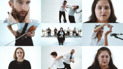 A collage of nine images showing musicians and performers in expressive poses, using instruments and gestures in a bright studio. Emotions range from intensity to contemplation.