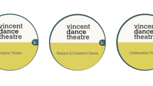Three circular badges with "vincent dance theatre" text on top. Left to right: "Creative Thinker," "Respect & Consent in Dance," "Collaborative Thinker." Yellow and grey design.