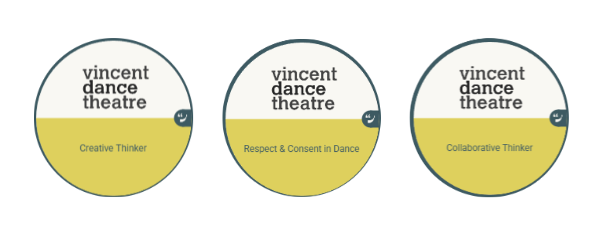 Three circular badges with "vincent dance theatre" text on top. Left to right: "Creative Thinker," "Respect & Consent in Dance," "Collaborative Thinker." Yellow and grey design.