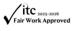 Logo featuring a check mark and the text "itc 2025-2026 Fair Work Approved," indicating certification for fair work standards.