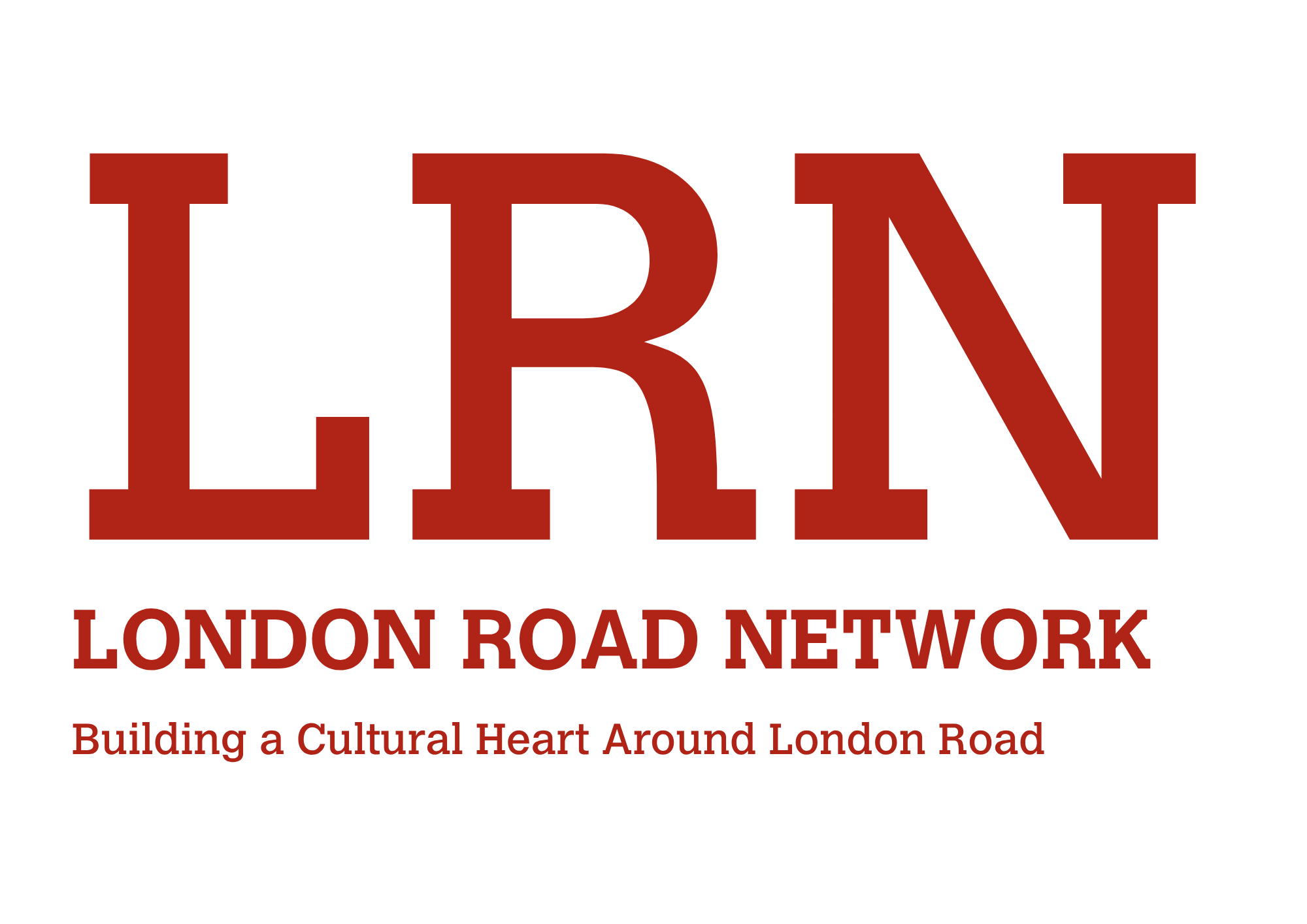 Bold red letters "LRN" with "London Road Network" beneath in smaller text. Tagline reads "Building a Cultural Heart Around London Road."