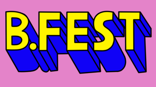 Bold text reads "B.FEST" in yellow and blue, set against a vibrant pink background, giving a playful, energetic vibe.