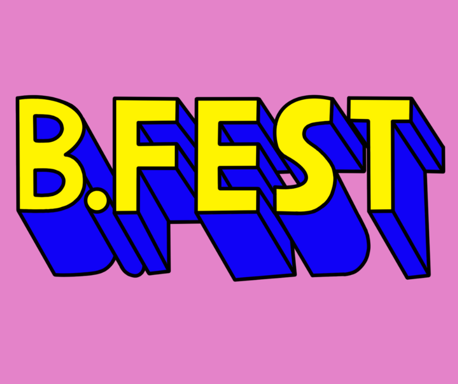 Bold text reads "B.FEST" in yellow and blue, set against a vibrant pink background, giving a playful, energetic vibe.