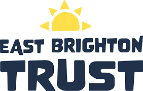 Logo of East Brighton Trust with bold navy text. A stylized yellow sun with rays is above the text, conveying warmth and community focus.