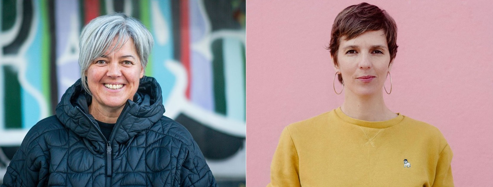 Two people are shown side by side: one with short gray hair in a black jacket, the other with short brown hair wearing a yellow sweater standing against a pink background.